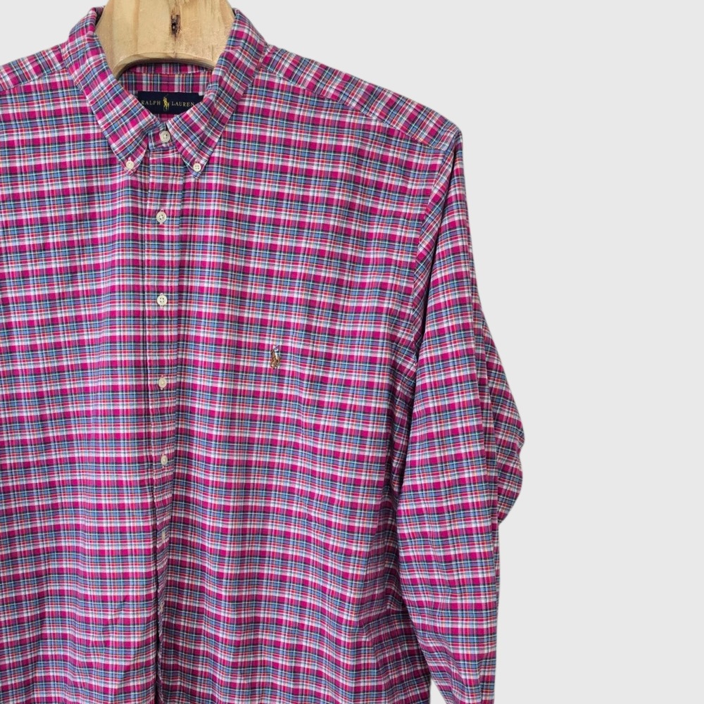 Ralph Lauren Mens 4XLT Tall Plaid Button Down Shirt Pink Blue Cotton Long Sleeve